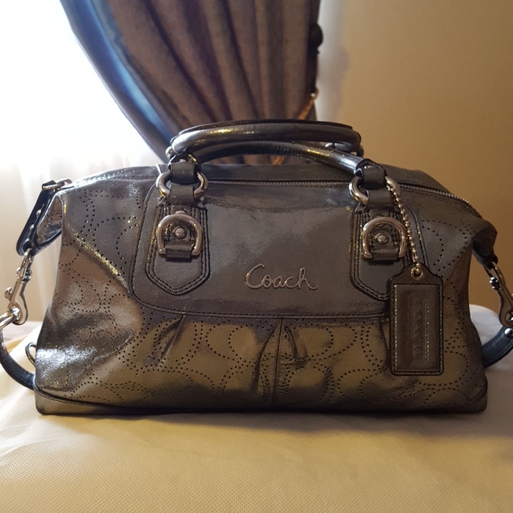 Authentic Coach bag, grain cowhide leather, silver