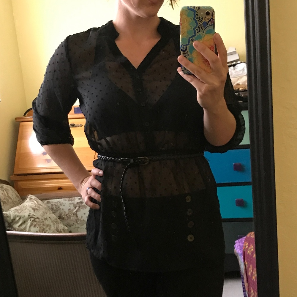 Sheer black half sleeve blouse with belt