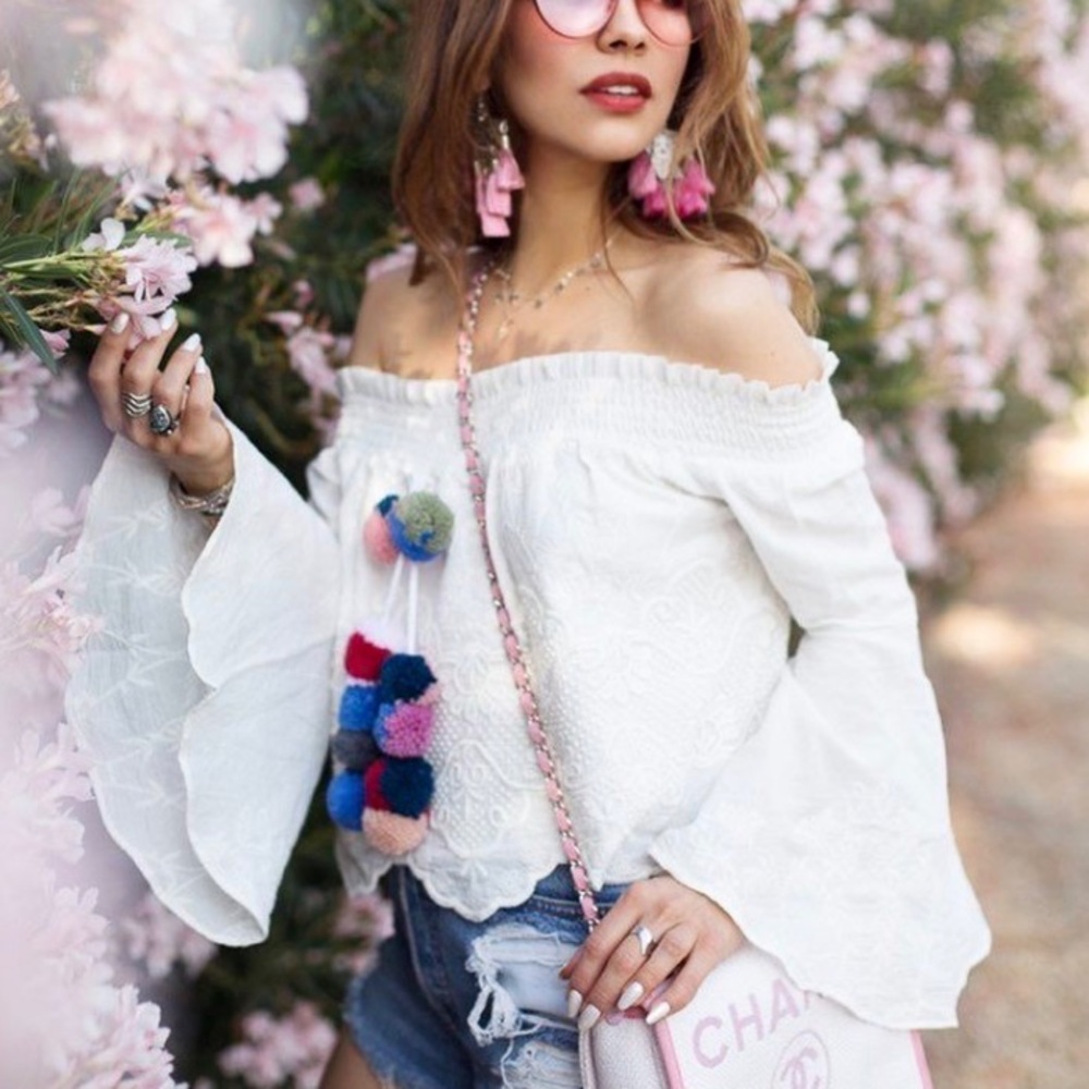 Red Carter Pom Poms White Off- Shoulder Top