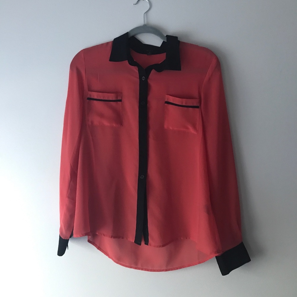 Coral and black Long sleeve, sheer button up