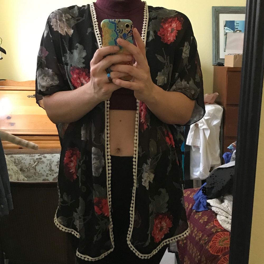 Black floral sheer cardigan