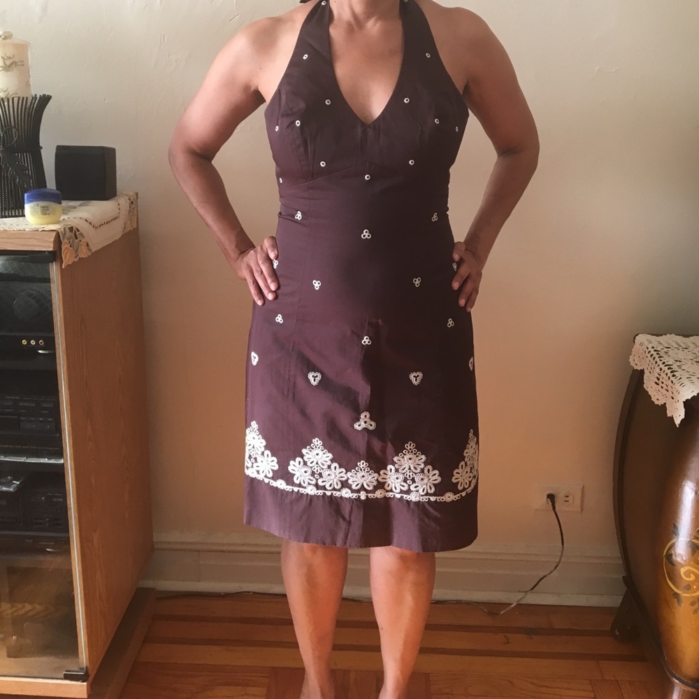 Chocolate brown halter back dress.