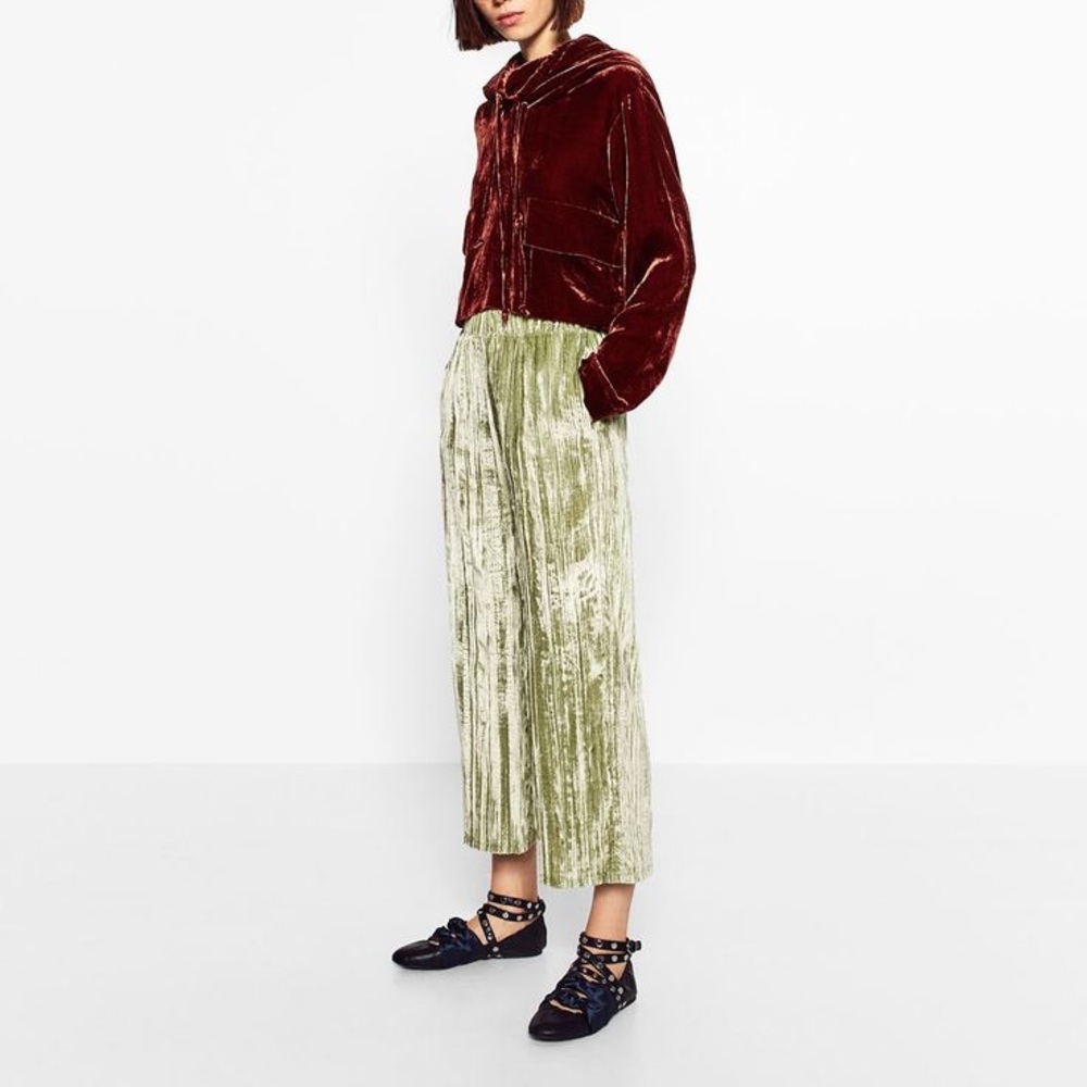 Zara Sage Green Crushed Velvet Trousers