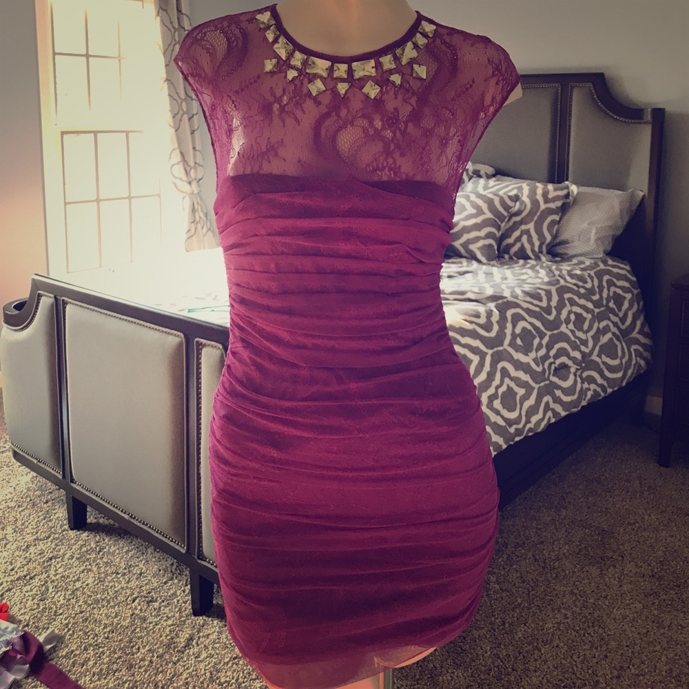 Bebe purple lace & mesh dress rhinestone detail