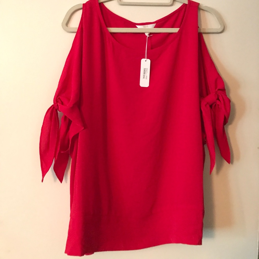 Cold shoulder top with tie sleeves