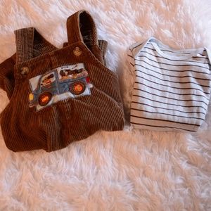 Brown Overalls and Blue and Brown Onesie