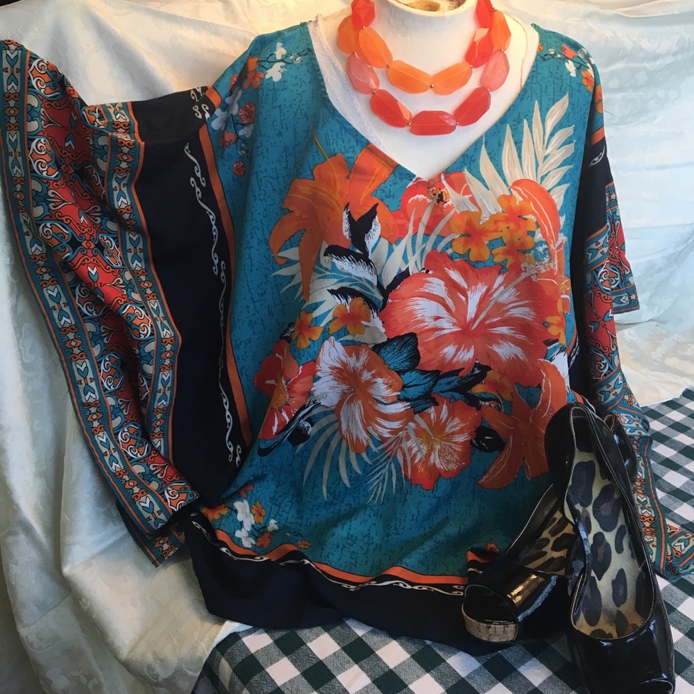2X Draped Scarf Top Dress Barn Orange/Jade/Navy