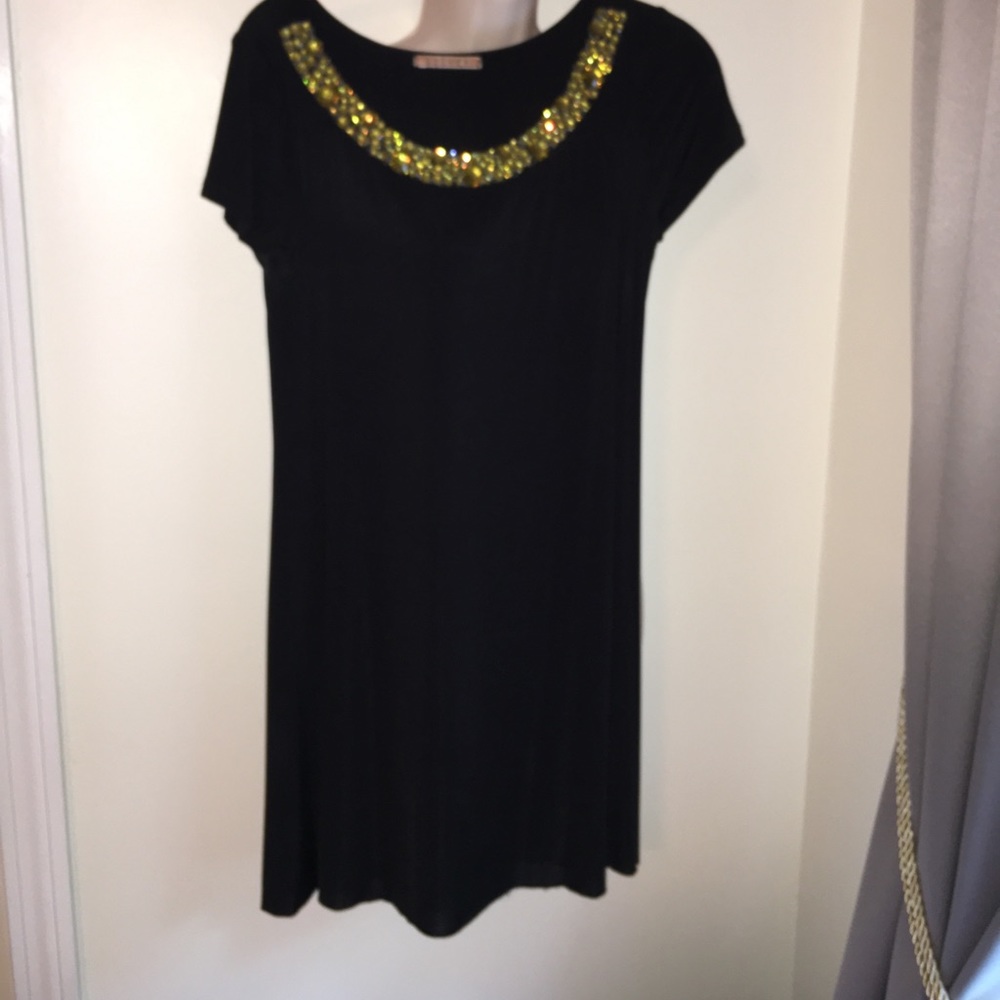 BLACK DRESS BY VELVET WITH YELLOW BIG RHINESTONES