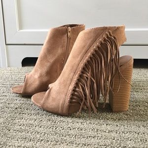 Camel Faux Suede Open-Toed Fringe Heel