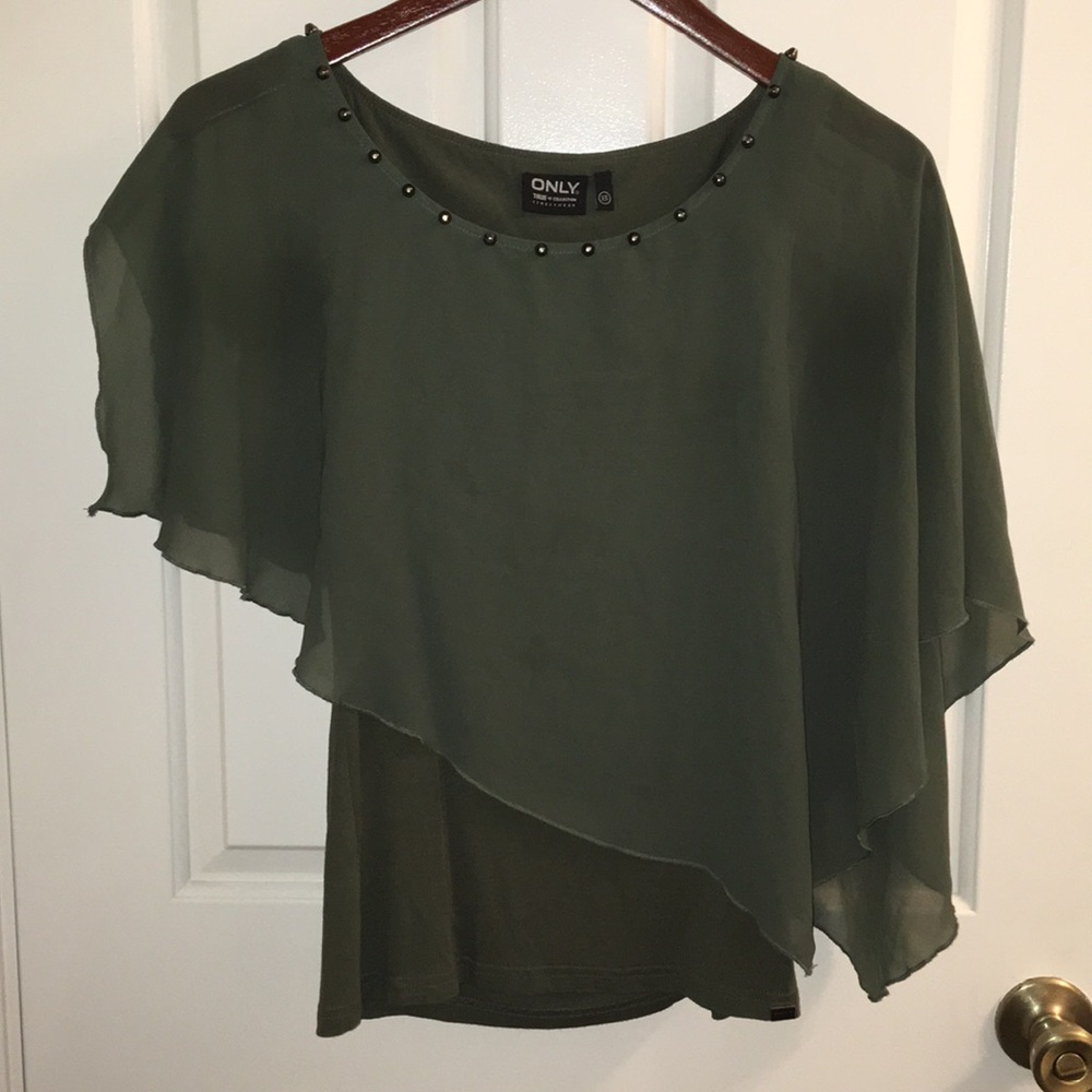 Flowy olive green top/blouse studded neckline