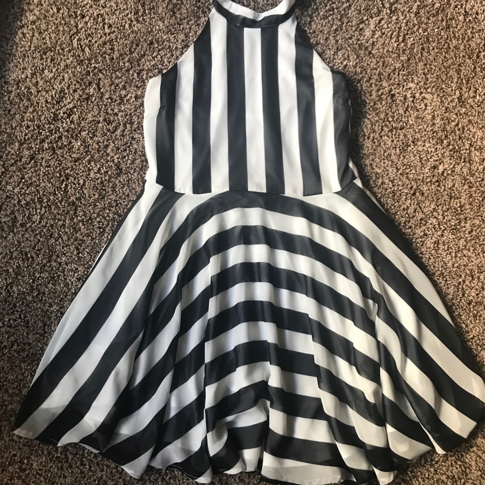 Black + white striped halter top dress Open back!