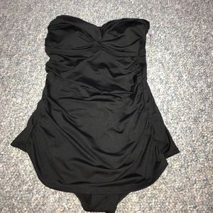 Black strapless one piece bathing suit