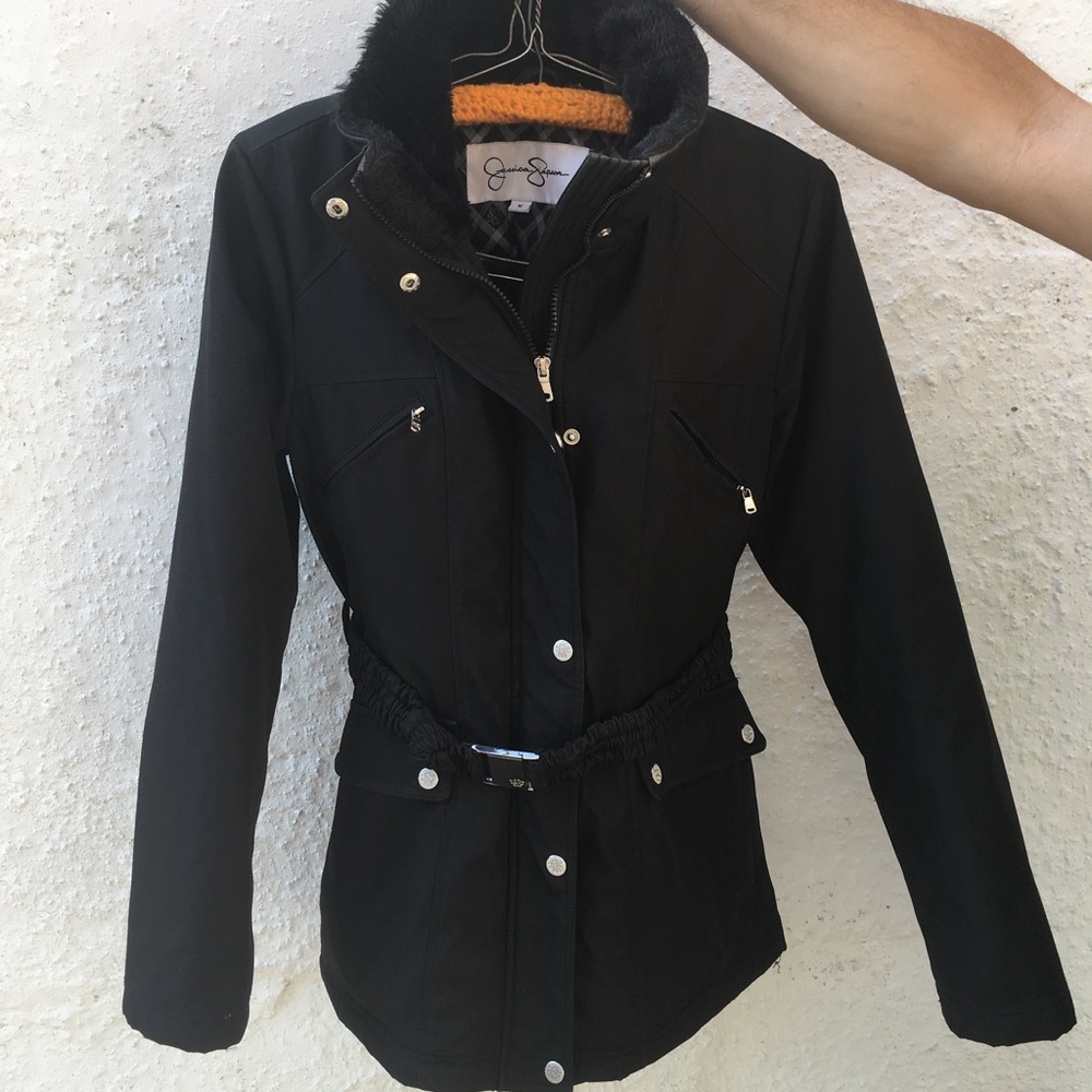 Women's Black Detachable Hooded Belted Winter Coat