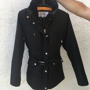 Women's Black Detachable Hooded Belted Winter Coat