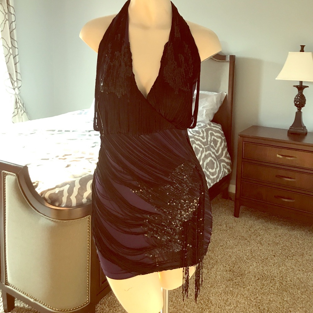 Bebe purple and black fringe and sequin dress