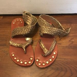 Matt Bernson. Gold, braided sandals.