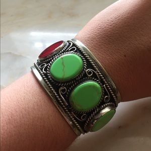 Beautiful Artisan Made Stone Silver Cuff Bracelet