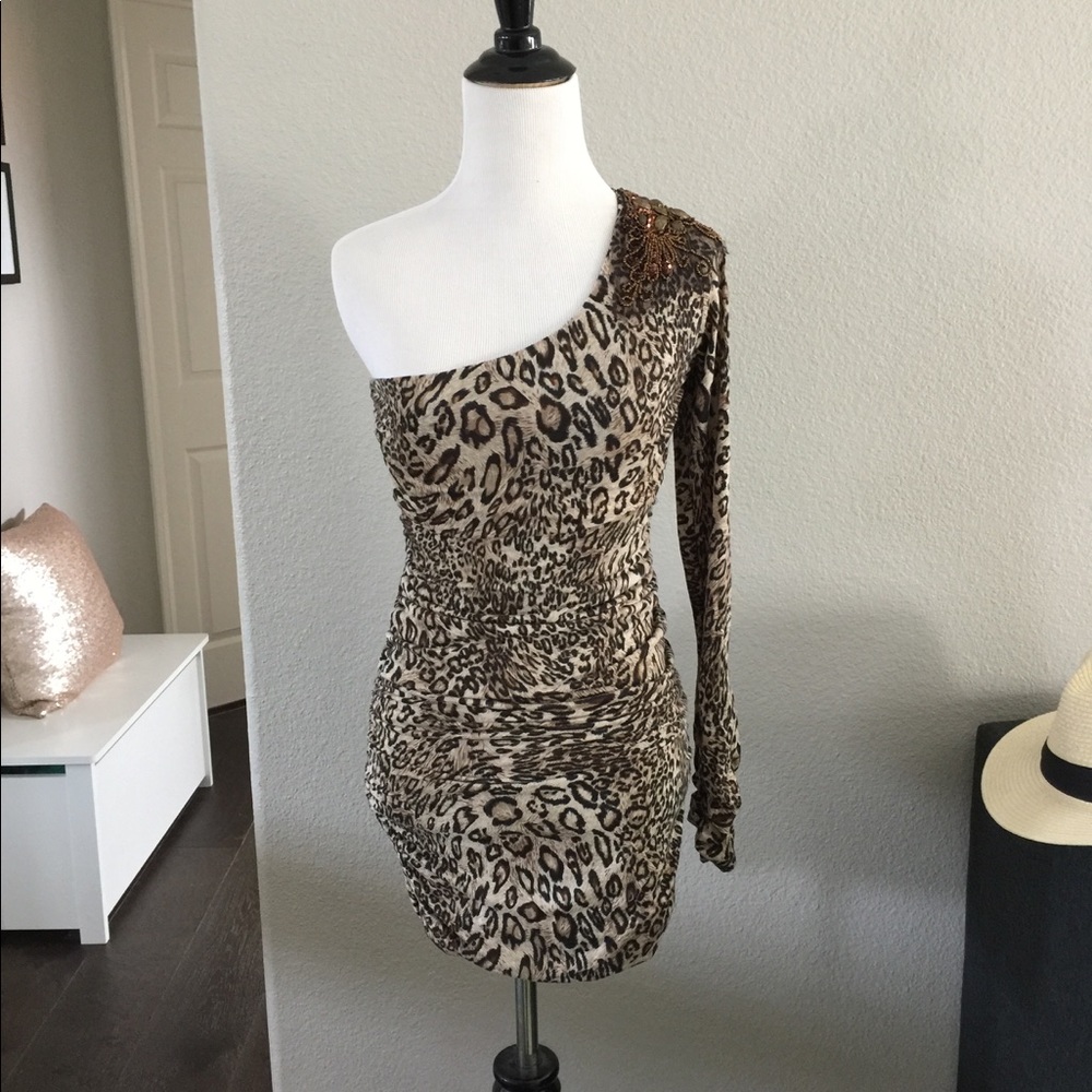 Leopard sexy club brown one shoulder dress M new