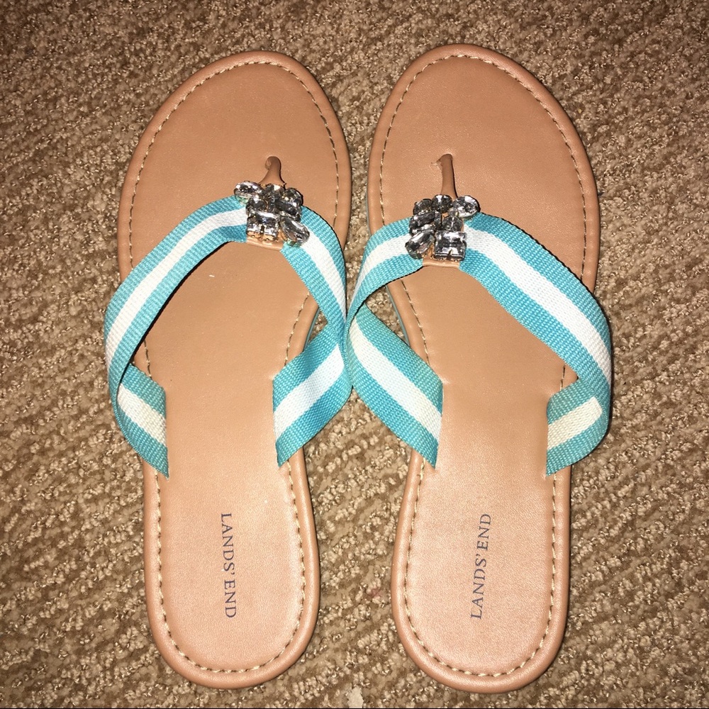 Lands' End Aqua-Teal/White Rhinestone Flip Flop