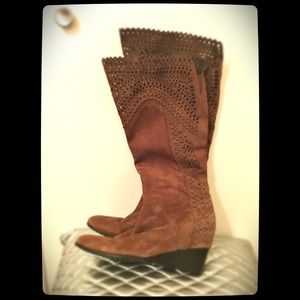 Sofft hidden wedge laser cut suede brown boots