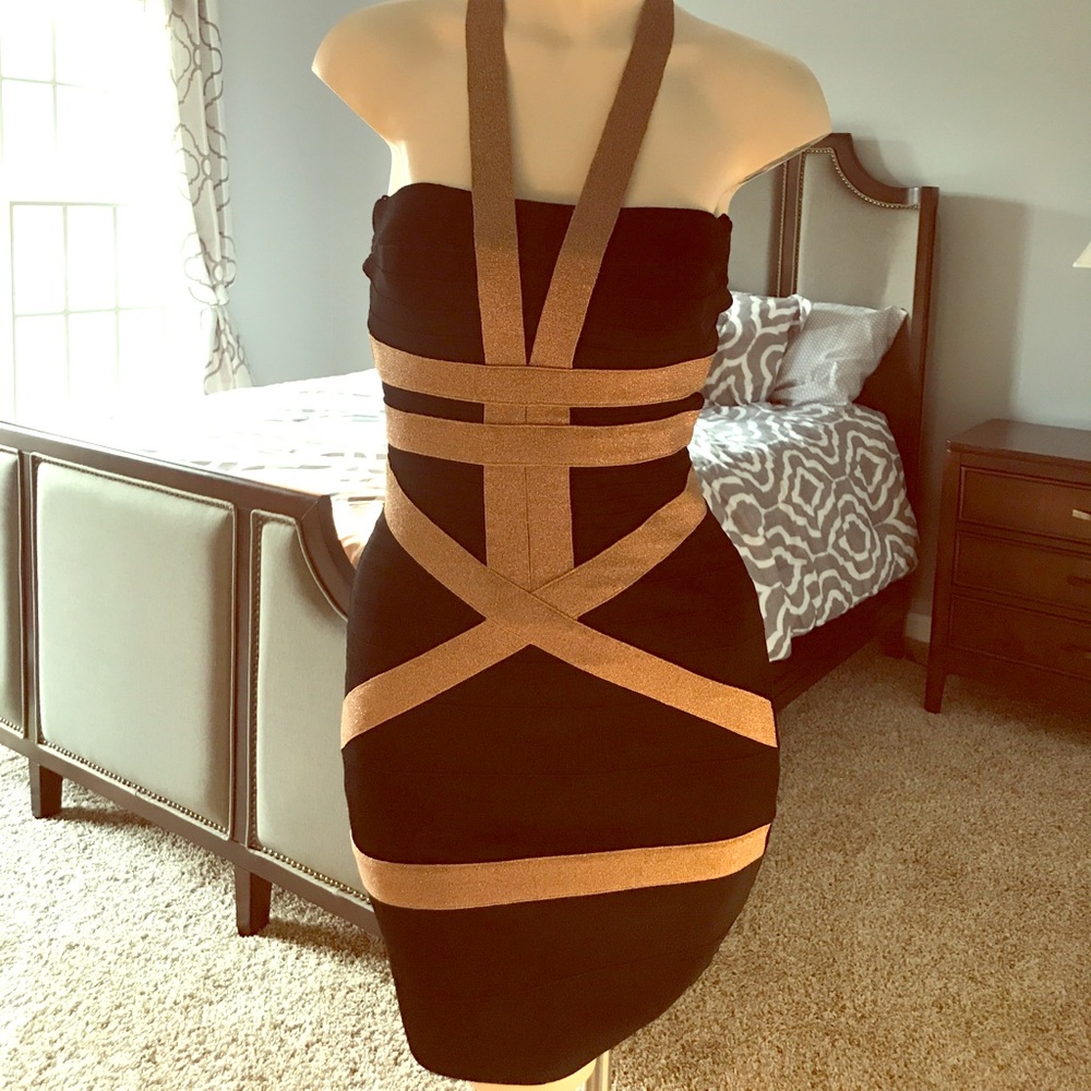 Arden B. Black and gold bandage dress