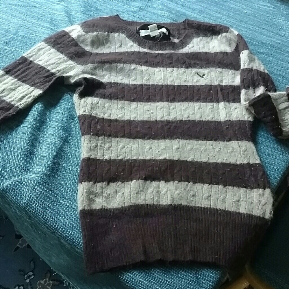Angora tan/brown stripe cable knit sweater BOGO50%