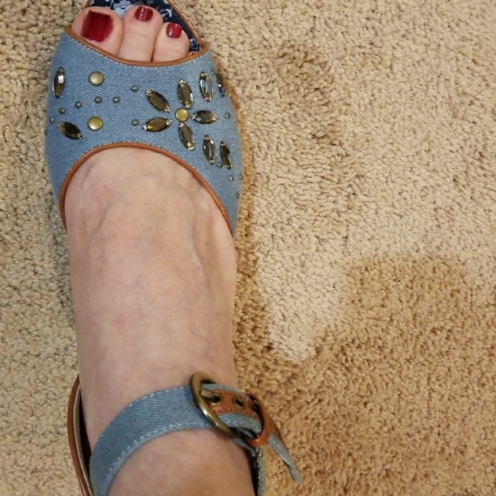 Beacon.  Denim & crystals wedge  has ankle straps