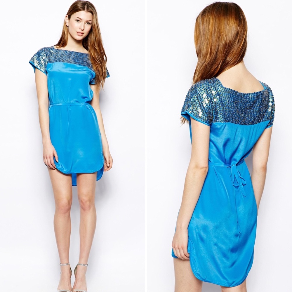 French Connection Sagres Sequin Silk Dress, Blue
