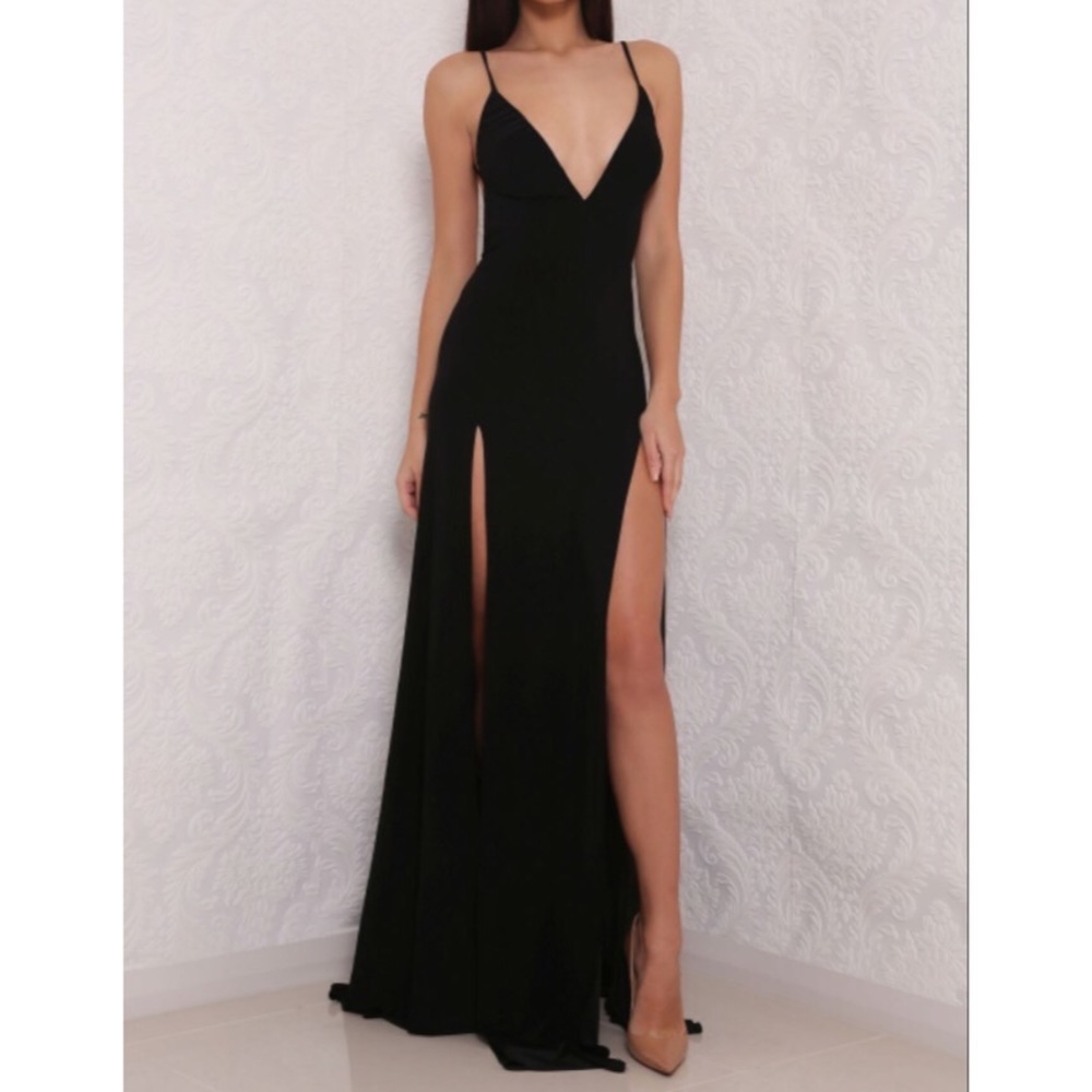 Black plunge dress.