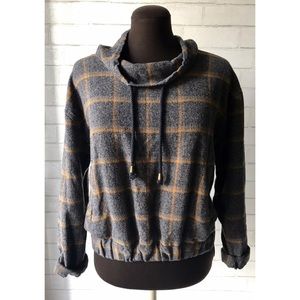 F21 Flannel Blue Grey Orange Plaid Cowl Pullover M