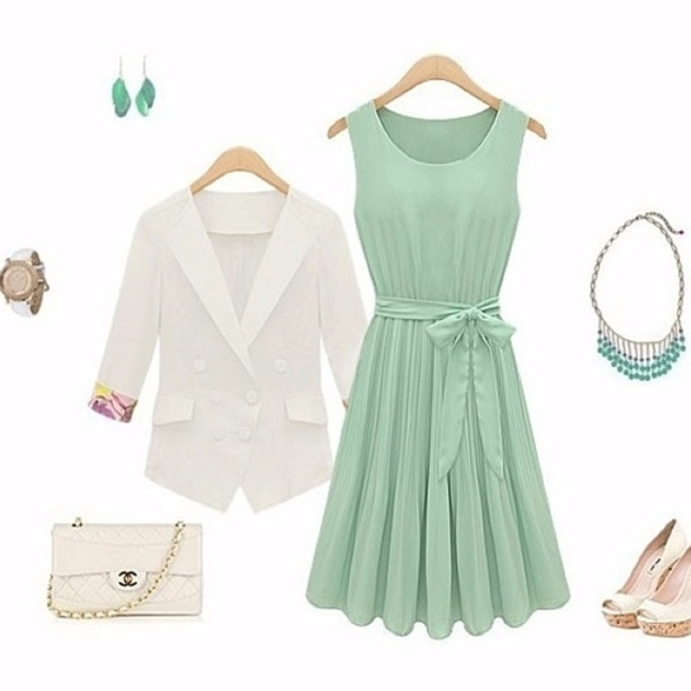 Chiffon Knee Length Green Dress for Women - Picture 2 of 4