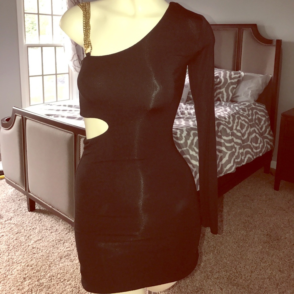 Off the shoulder cut out black dress gold bling