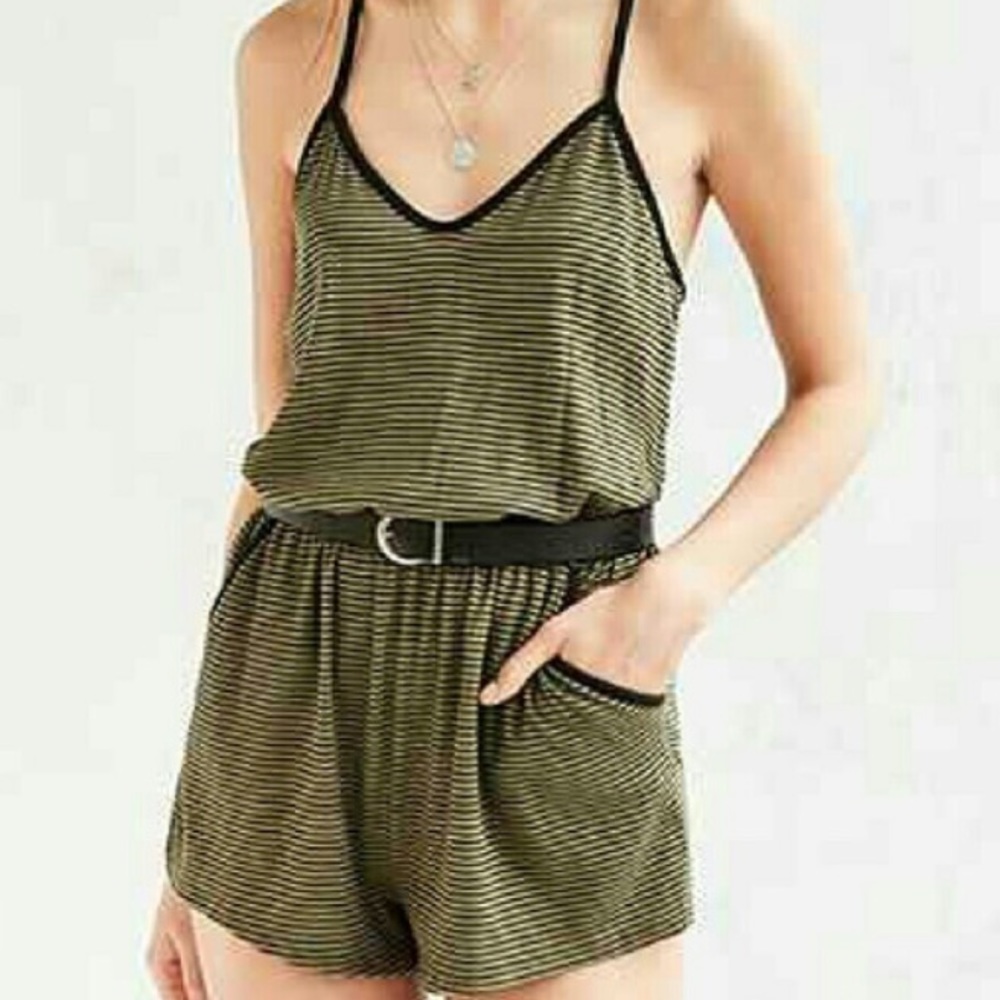 Silence + noise olive green striped romper