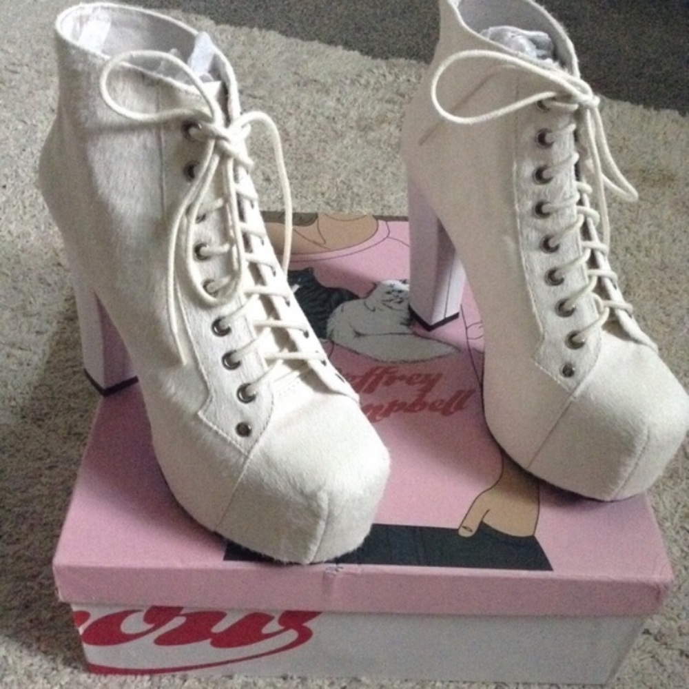 Jeffrey Campbell's white fur lita lace up booties