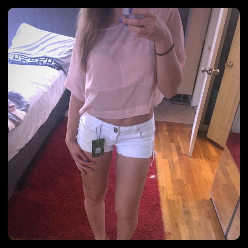 White Denim Side Tie Shorts