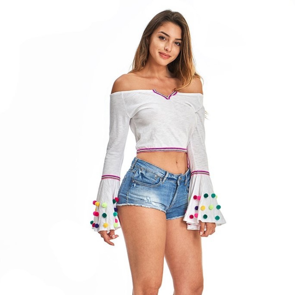 Pitusa white pom pom crop top bell sleeve