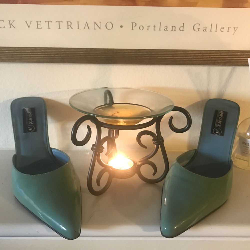 Ocean green patent mules