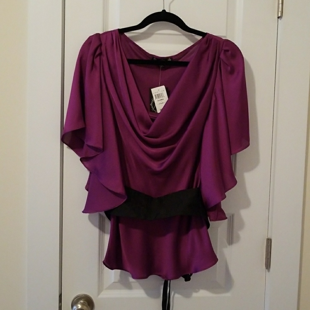 Purple satin top with cowl neck & flutter sleeves