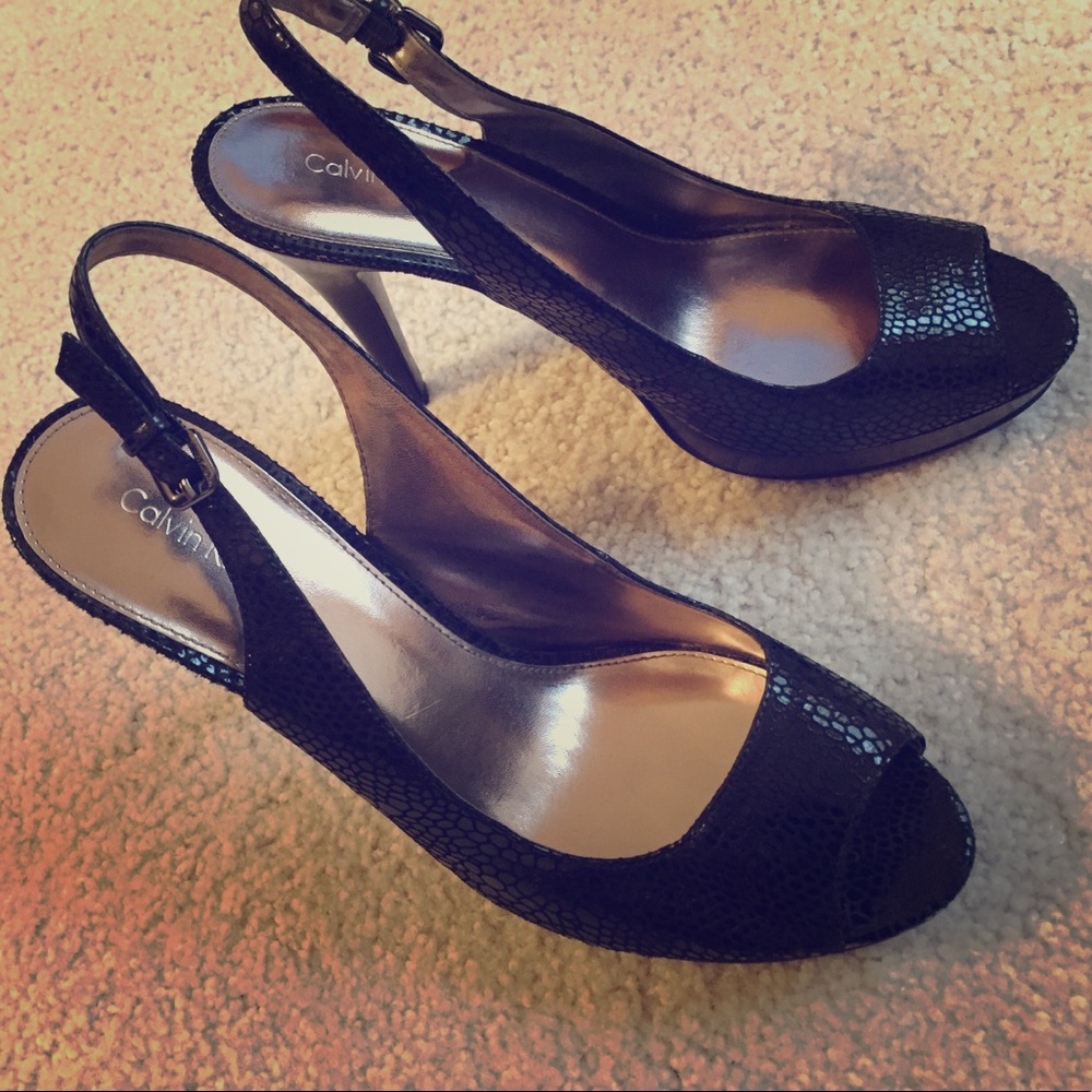 Calvin Klein Snake skin sling back platform pumps