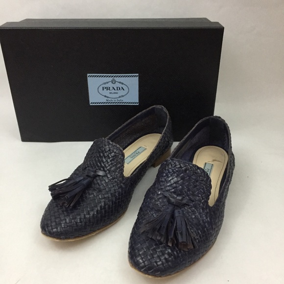 PRADA Navy Woven Loafer Smoking Slippers \\ Sz 37 - Picture 2 of 8