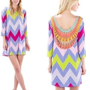 NWT Lightweight Intricate Crochet Back Detail Flattering Chevron Dress
