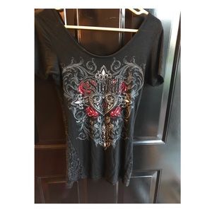 Black shirt, lace and bling,Purchased at Buckle.