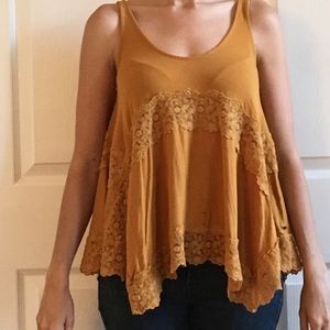 AE mustard yellow boho tank top w/ lace detail