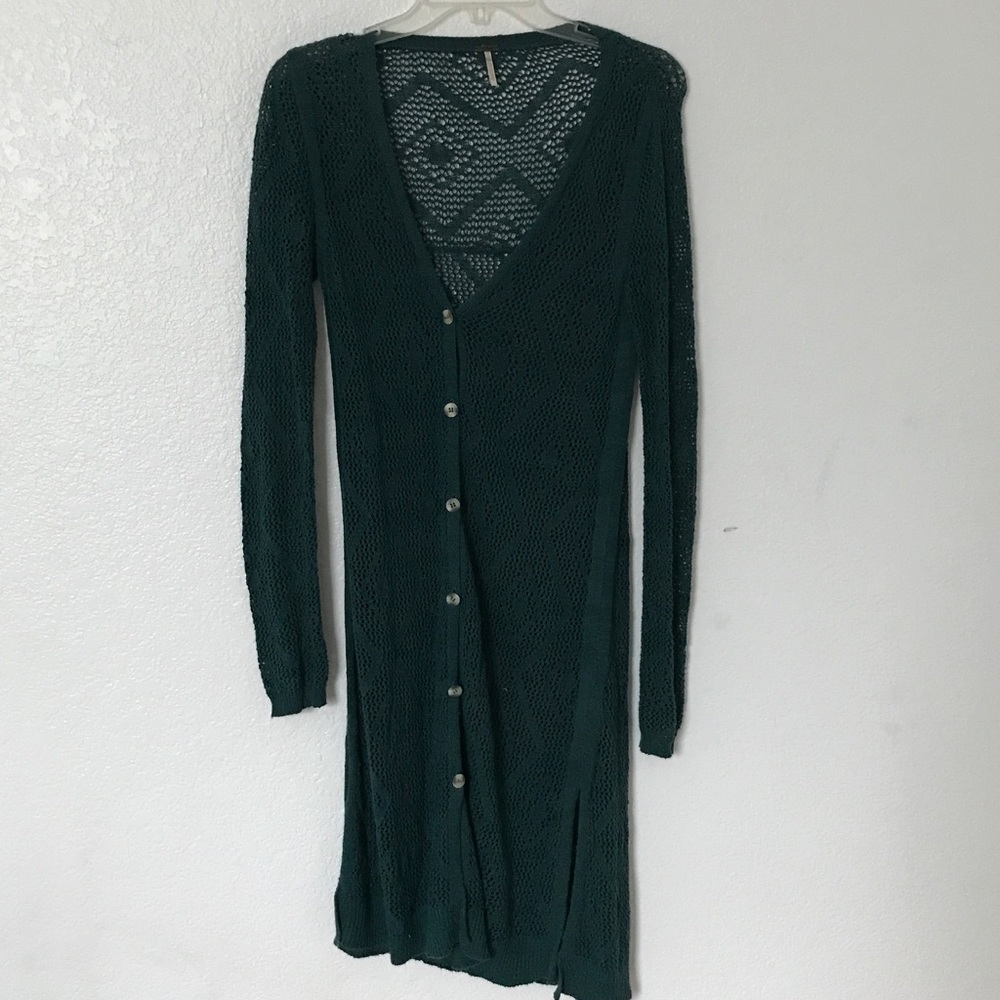Long teal knit cardigan by free people