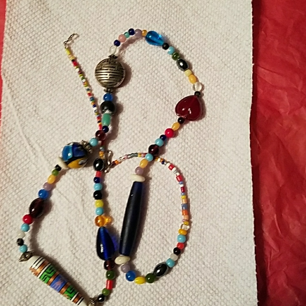 Whimsical multi stone necklace. Glass, carnelian,