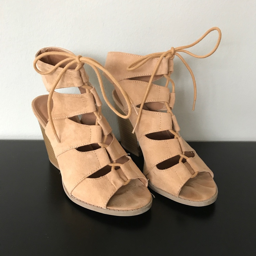 Nude Lace Up Peep Toe Chunky Heel Sandal