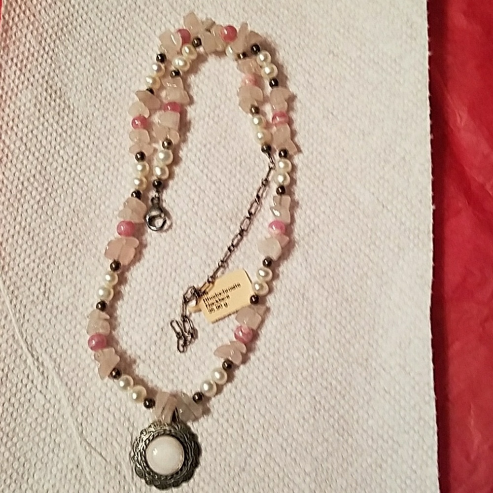 Pink quartz, sterling, pearl and hematite necklace