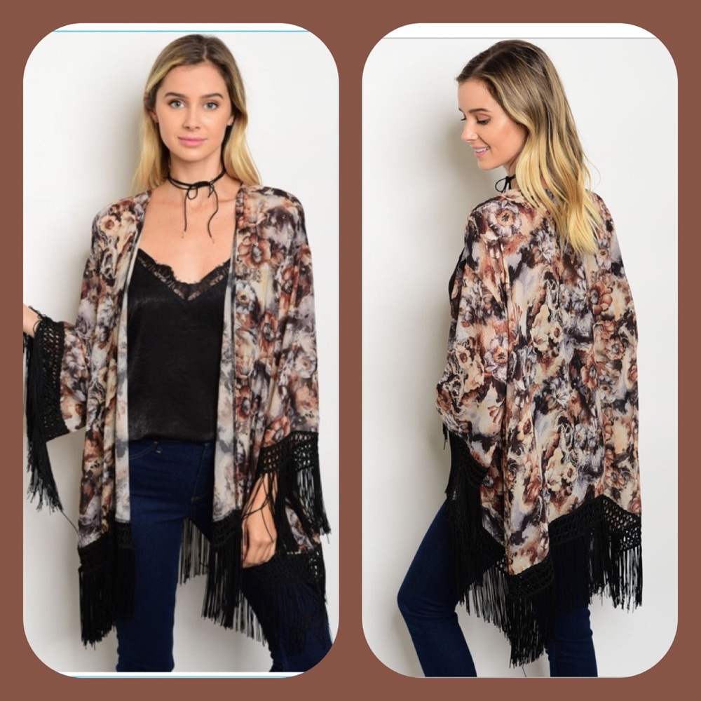 Semi Sheer Floral Fringed Kimono