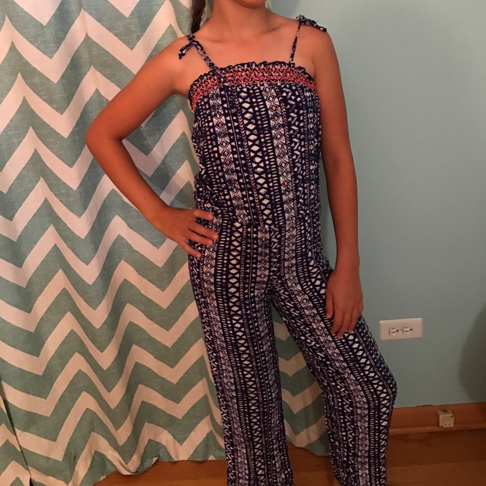 Girl's Blue and White Patterned Jumpsuit