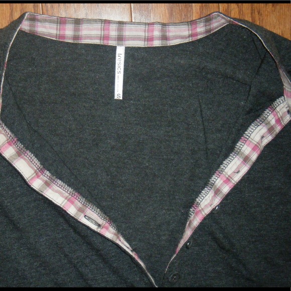 Henley Preppy Plaid Contrast Shirt Top Gray 0060 - Picture 5 of 7